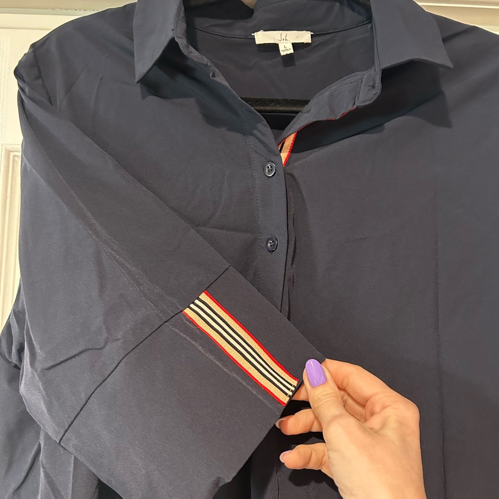 Navy Button-Up Shirt with Striped Cuff Trim